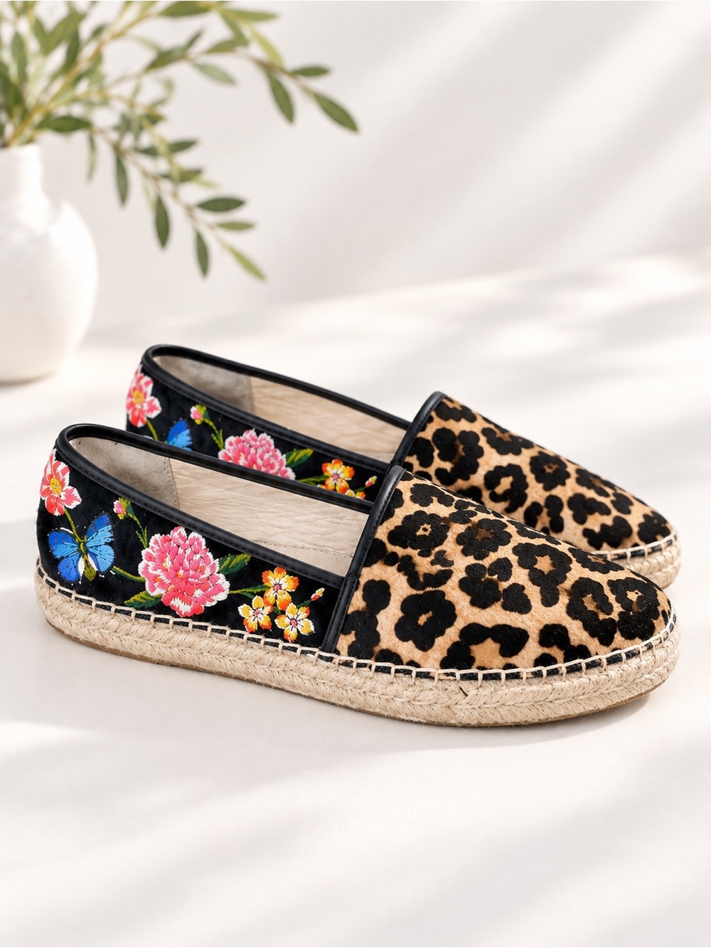 Johnny Was Garden Leopard Cheetah Espadrille Embroidered Floral Flats Size 10M